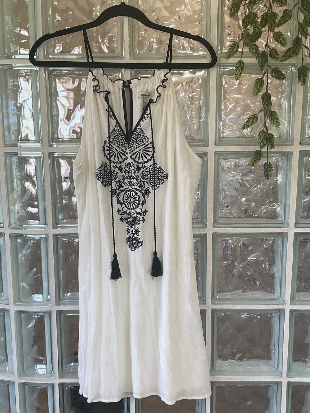 Speechless White Mini Dress with Black Embroidered Tassel Detail